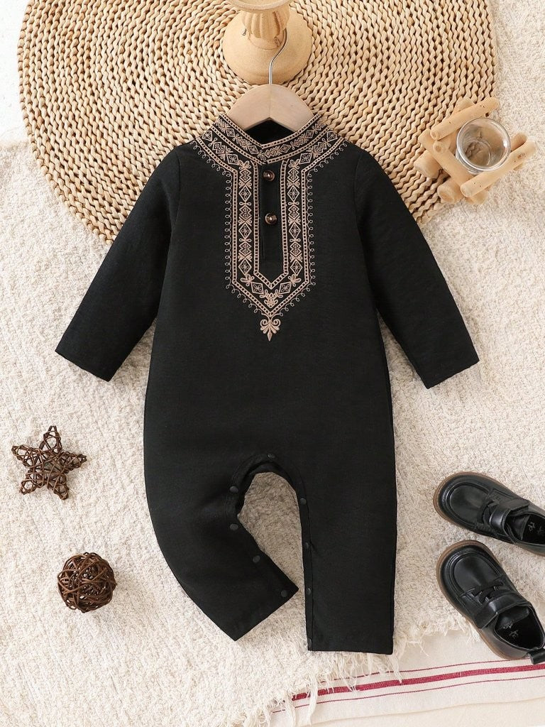 Baby Pattern Front Button Long Sleeve Jumpsuit