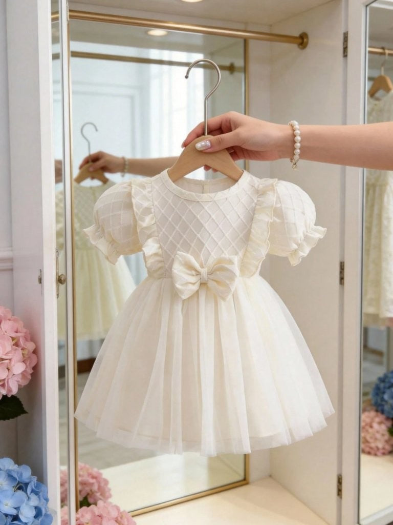 Baby Diamond Pattern Bow Dress Apricot