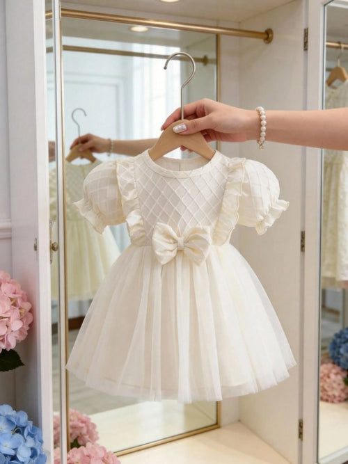 Baby Diamond Pattern Bow Dress Apricot
