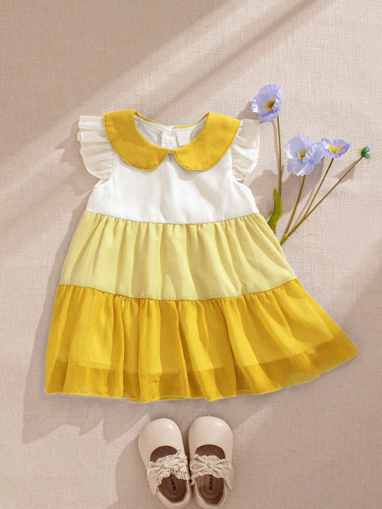 Baby Yellow Colour Block Cap Sleeve Dress