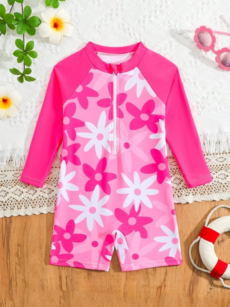 Baby Hot Pink Floral Print Swimming Costume