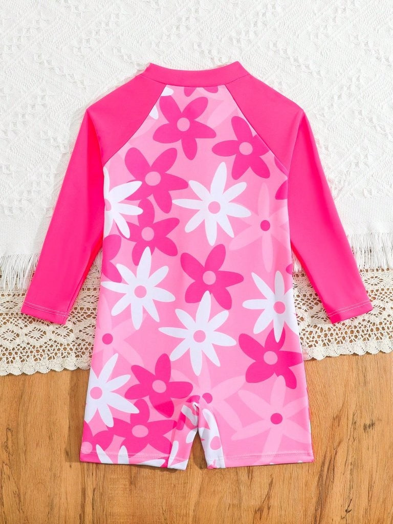 Baby Hot Pink Floral Print Swimming Costume