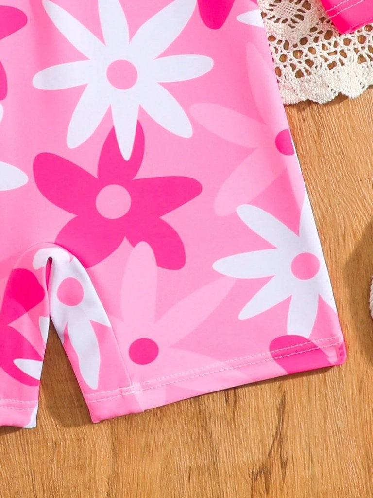 Baby Hot Pink Floral Print Swimming Costume