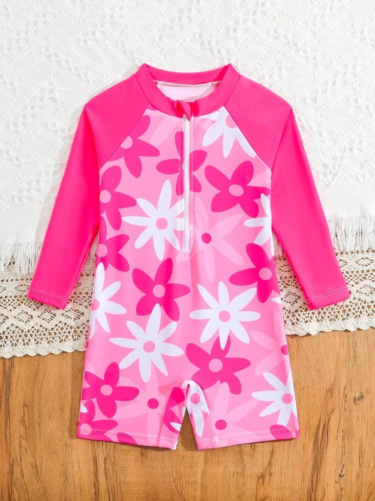 Baby Hot Pink Floral Print Swimming Costume