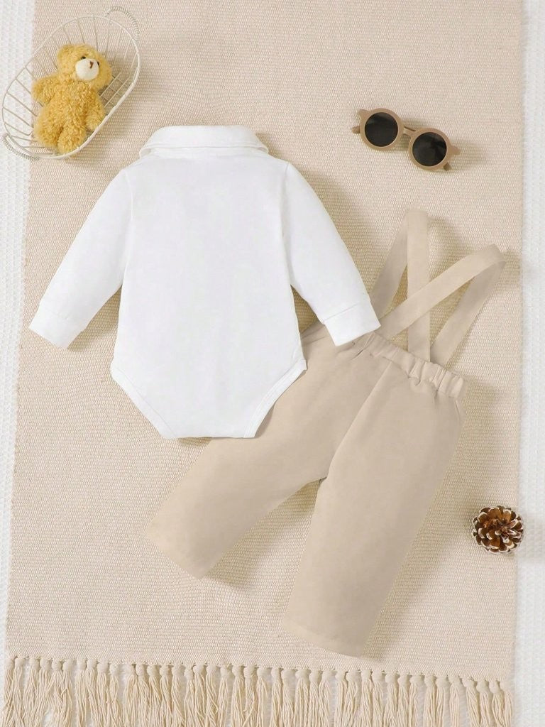 Baby 2 Piece Khaki Bow Tie Long Sleeve Suspender