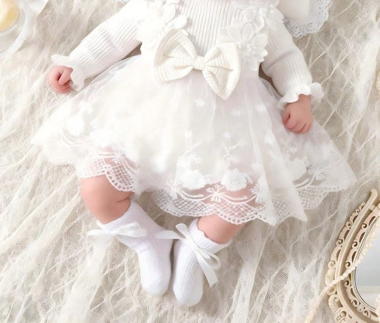Baby White Embroidery Flower Long Sleeve Dress With Headband