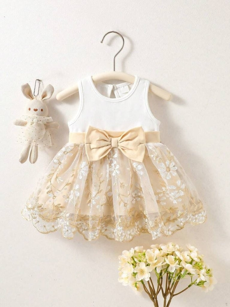 Baby Embroidery Front Bow Dress Gold