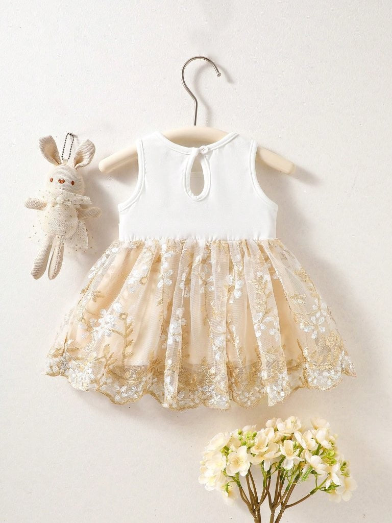 Baby Embroidery Front Bow Dress Gold