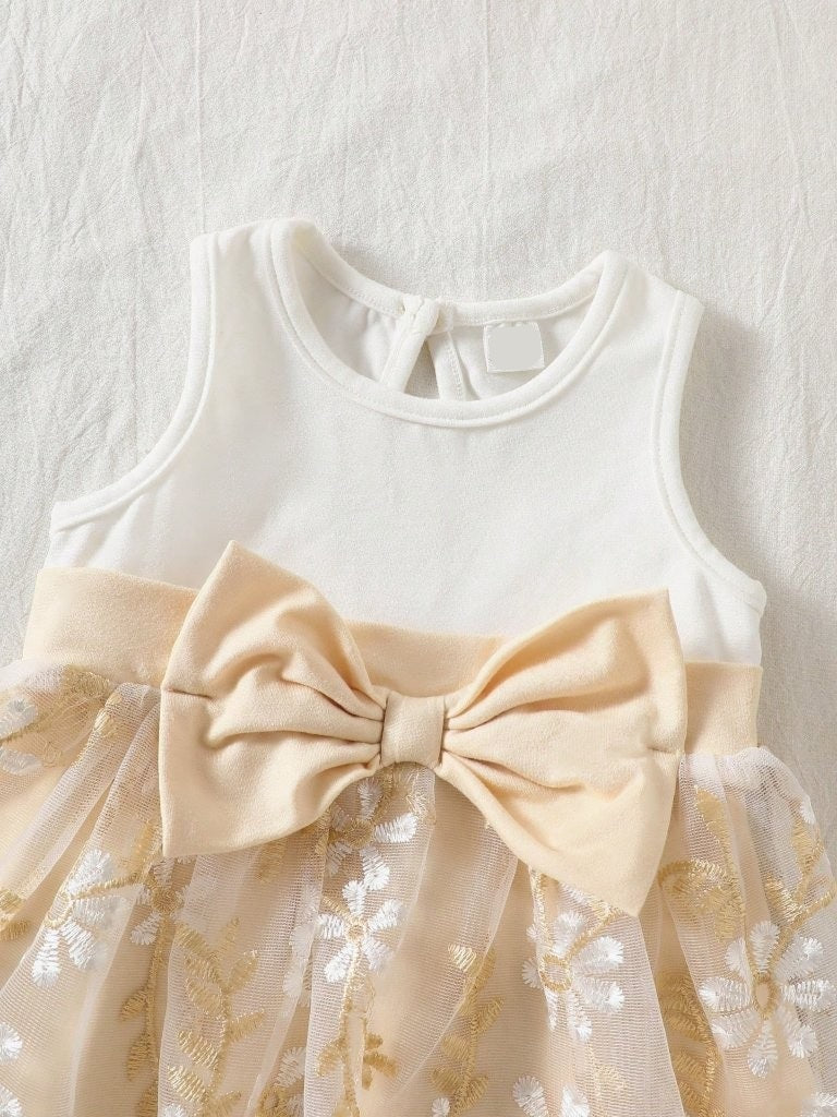 Baby Embroidery Front Bow Dress Gold