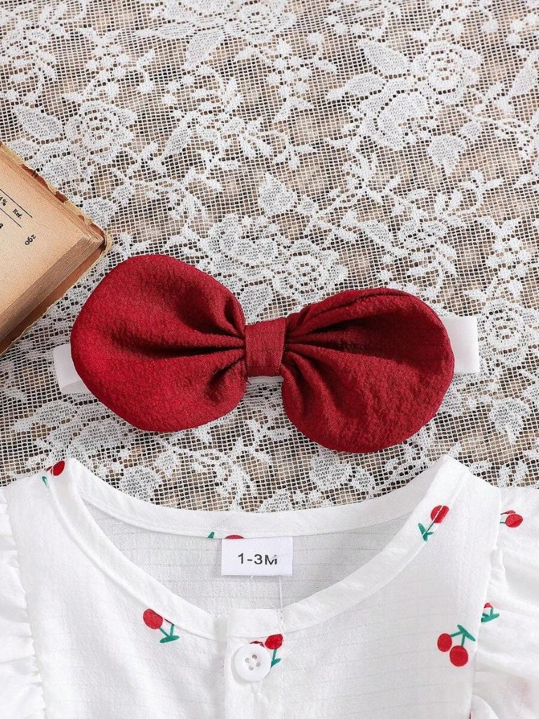 Baby Cherry Pattern Double Bow Romper With Headband