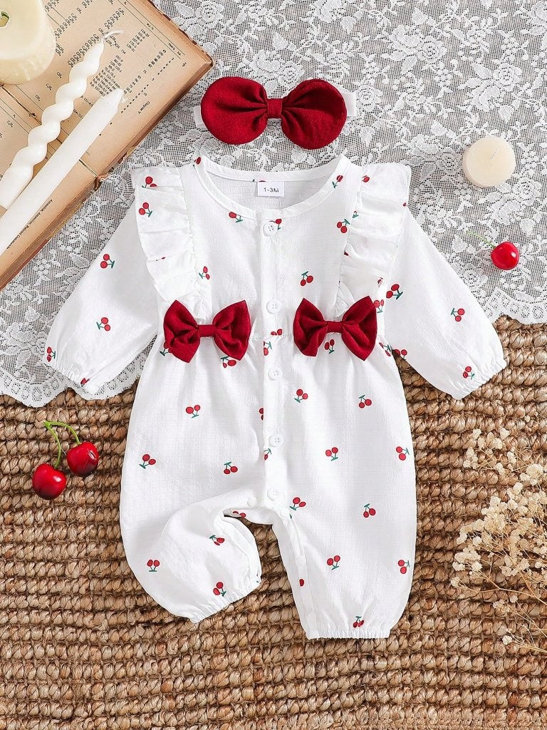 Baby Cherry Pattern Double Bow Romper With Headband