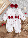 Baby Cherry Pattern Double Bow Romper With Headband