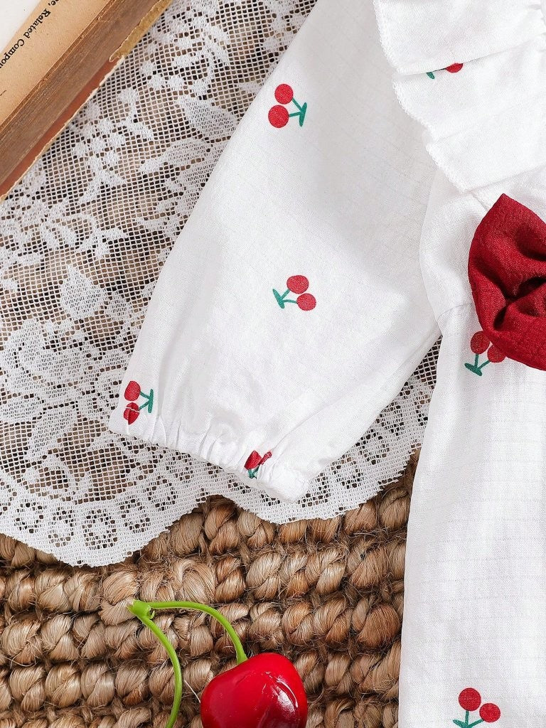 Baby Cherry Pattern Double Bow Romper With Headband