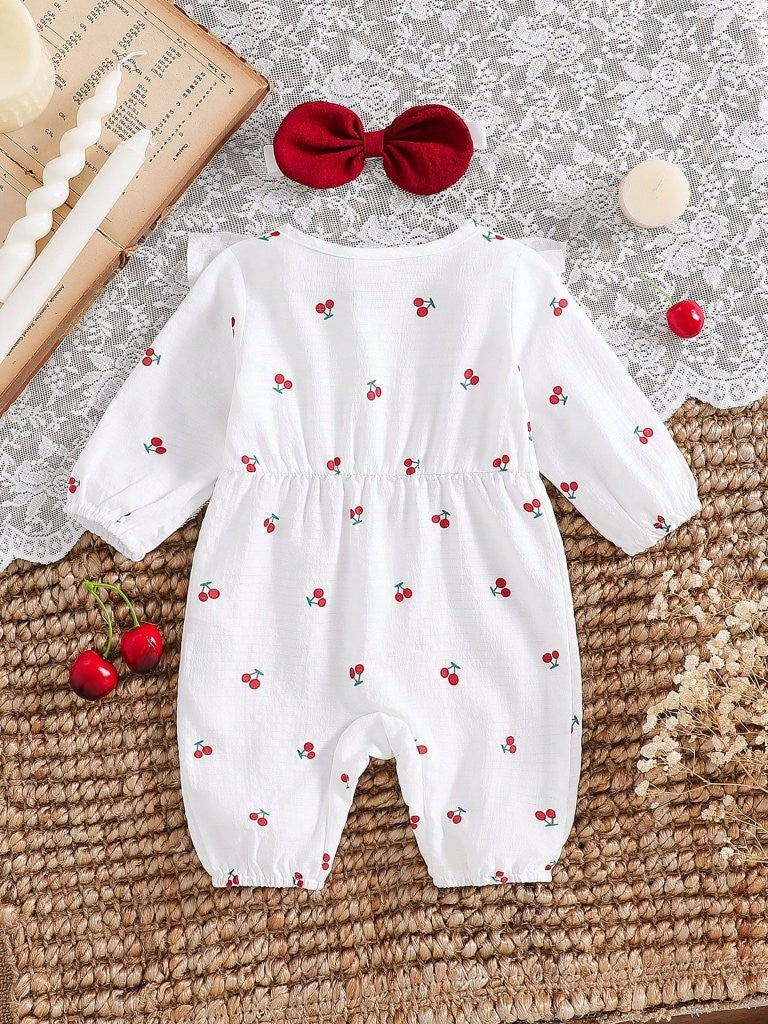 Baby Cherry Pattern Double Bow Romper With Headband