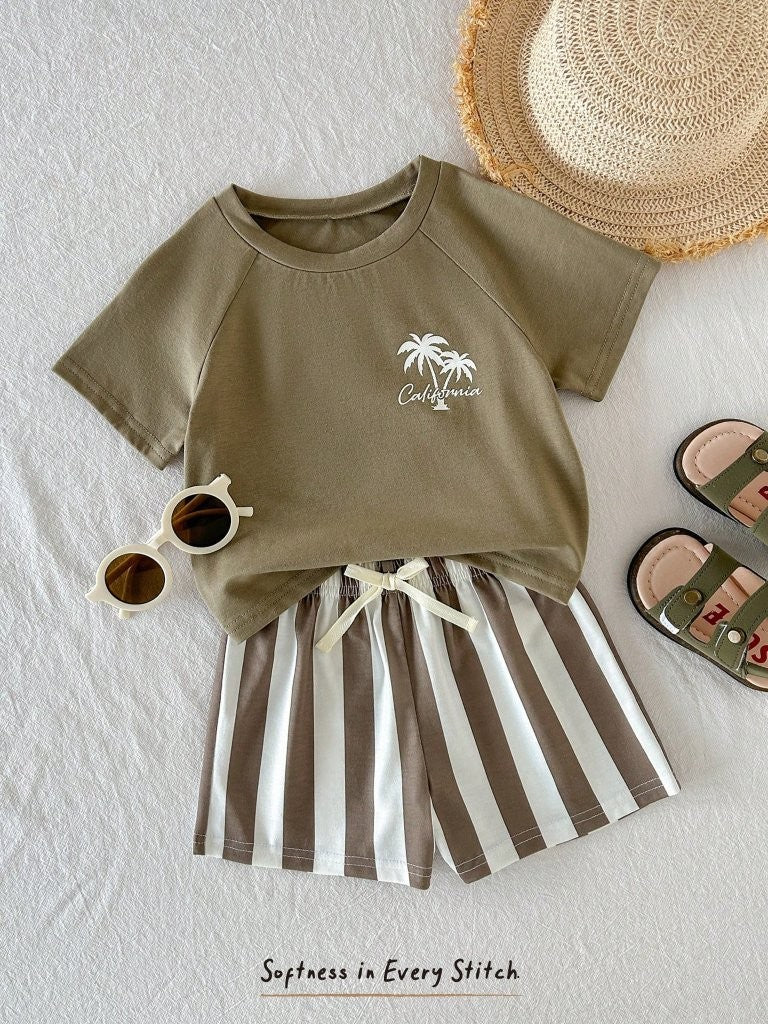 Baby Army Green Palm Tree Logo Tee And Stripe Shorts Set