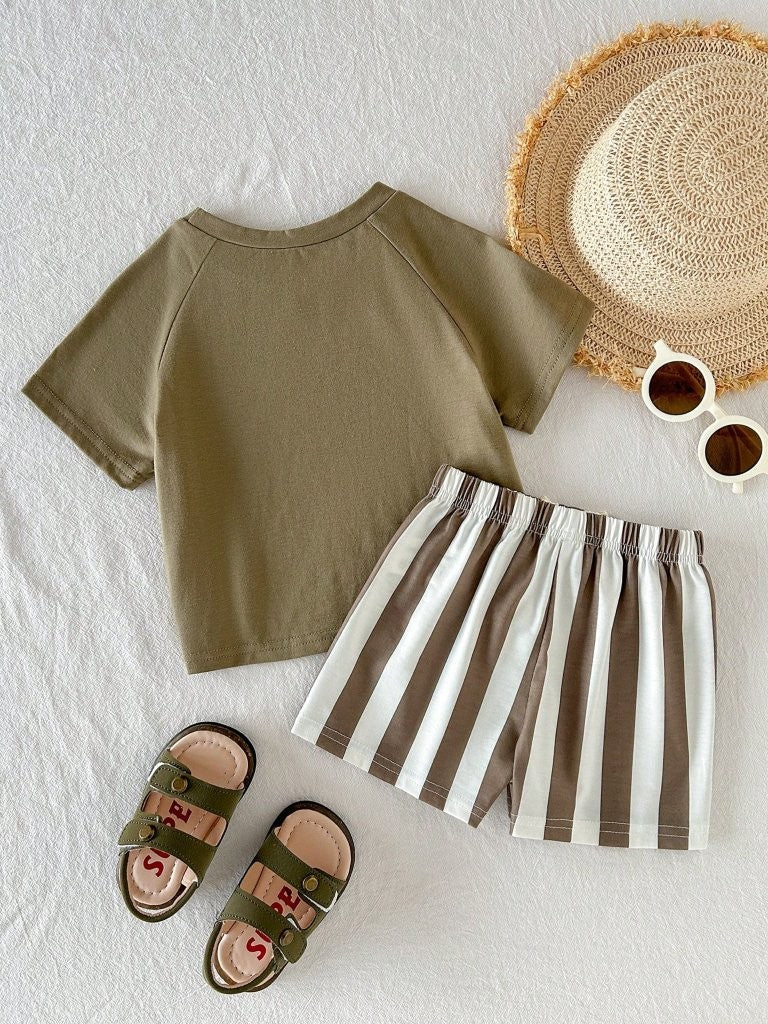 Baby Army Green Palm Tree Logo Tee And Stripe Shorts Set