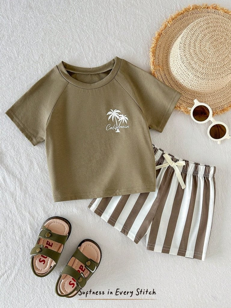 Baby Army Green Palm Tree Logo Tee And Stripe Shorts Set
