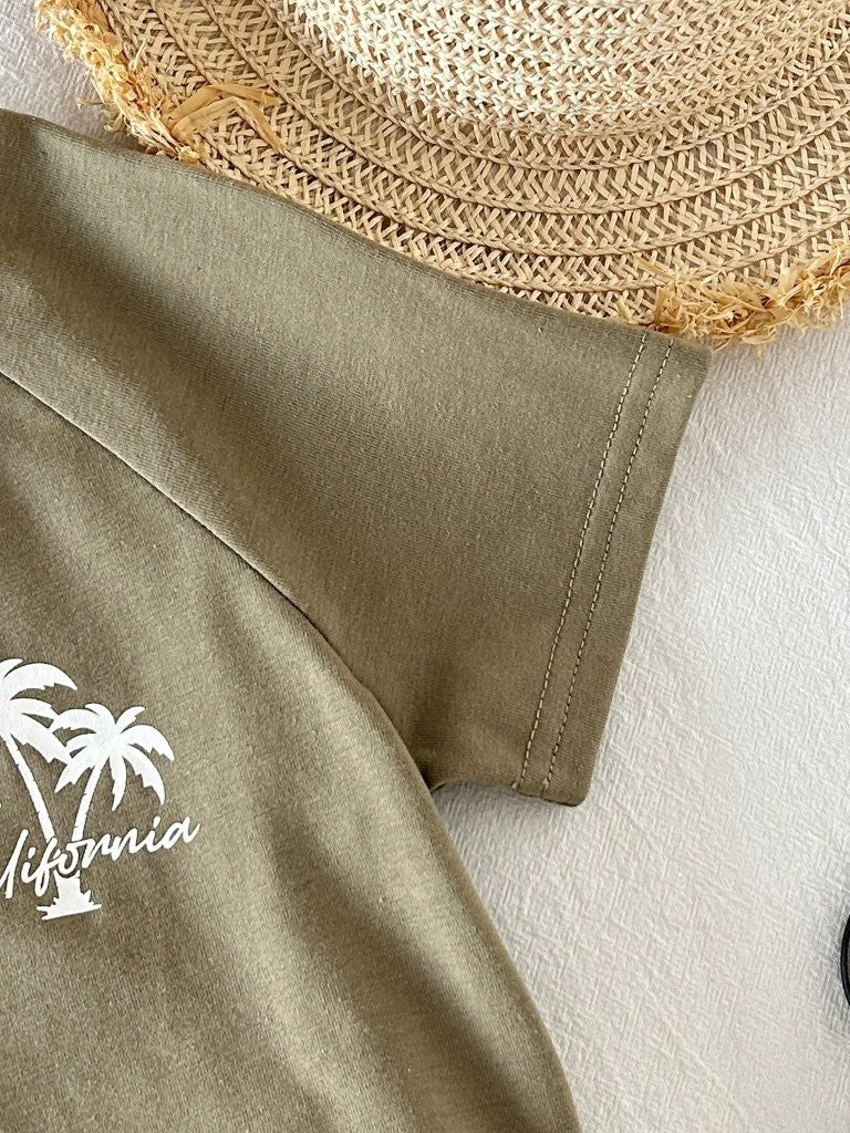 Baby Army Green Palm Tree Logo Tee And Stripe Shorts Set