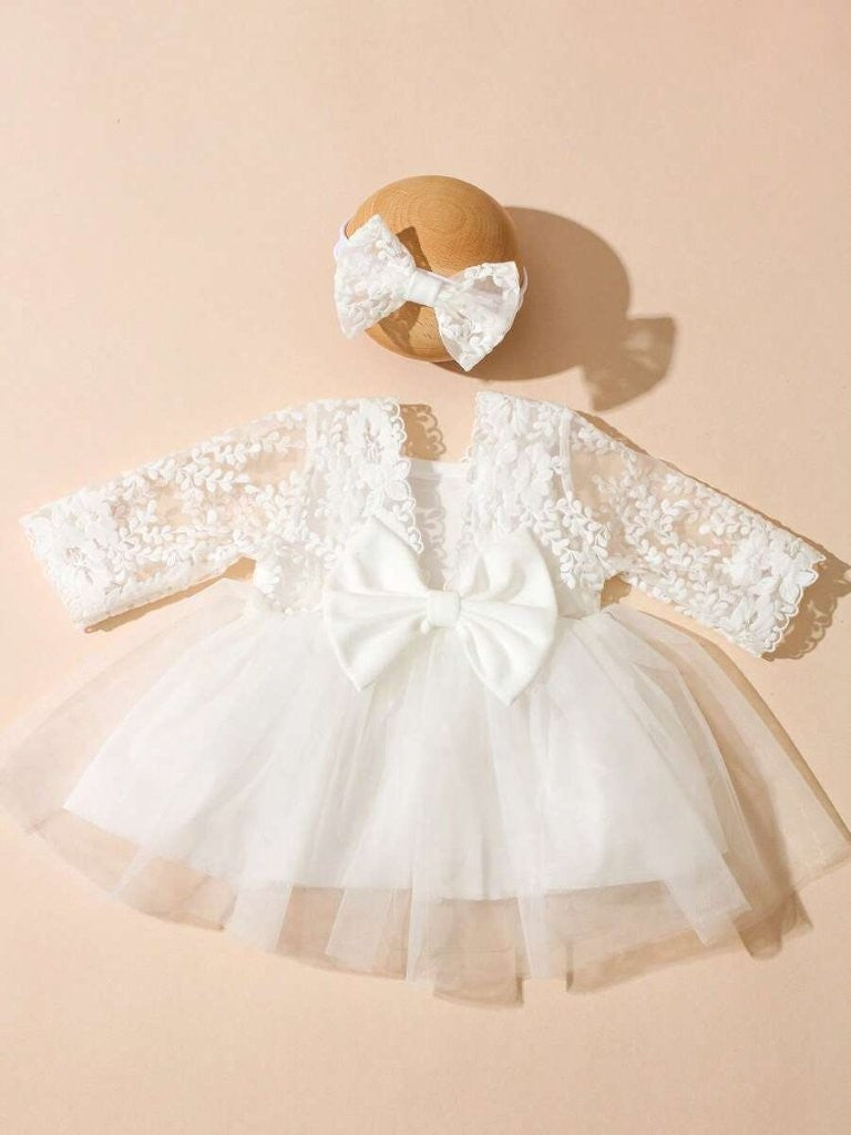 Baby White Lace Baptism Photography Dress With Headband