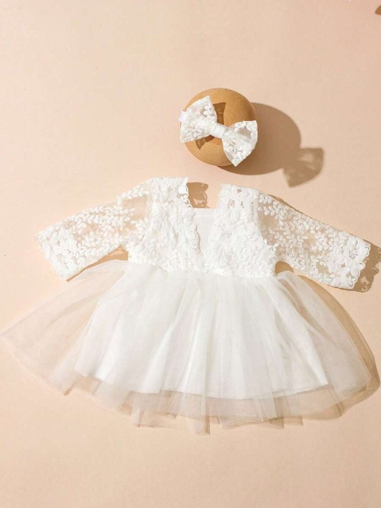 Baby White Lace Baptism Photography Dress With Headband