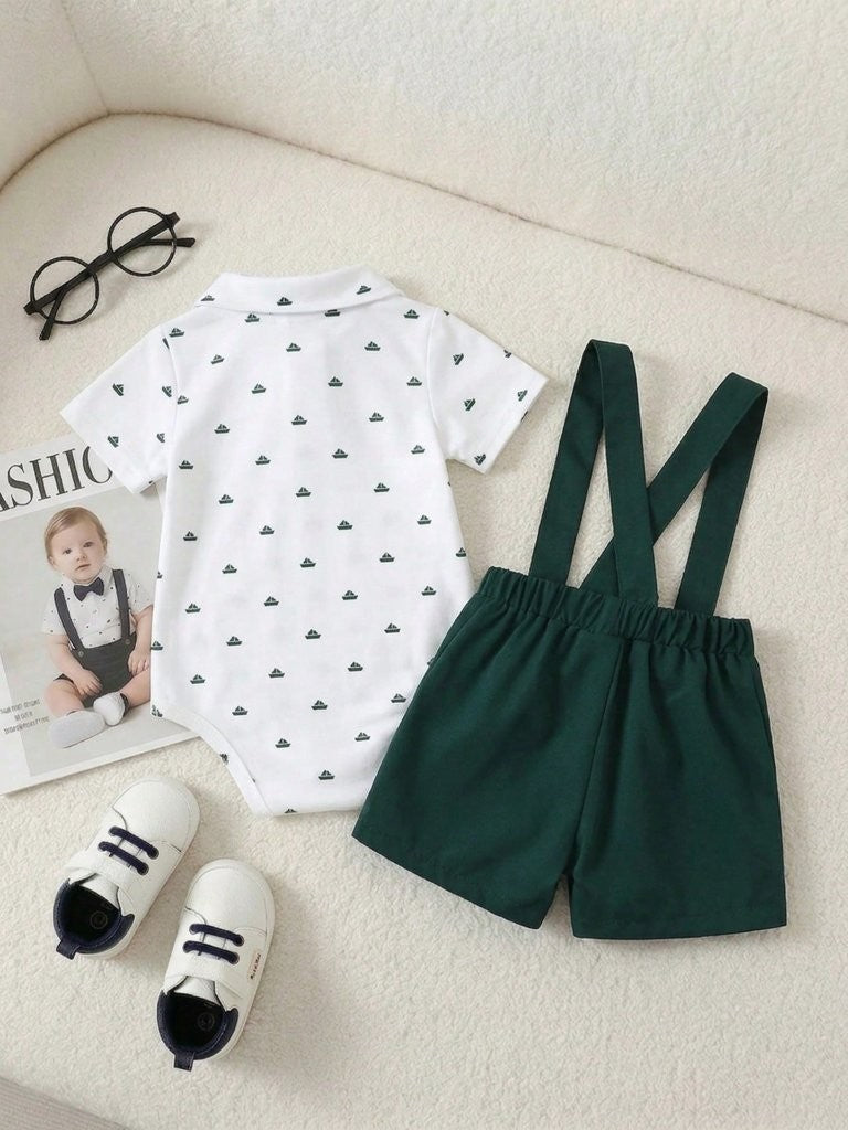 Baby Emerald Green Pattern Bow Tie Bodysuit And Shorts Set