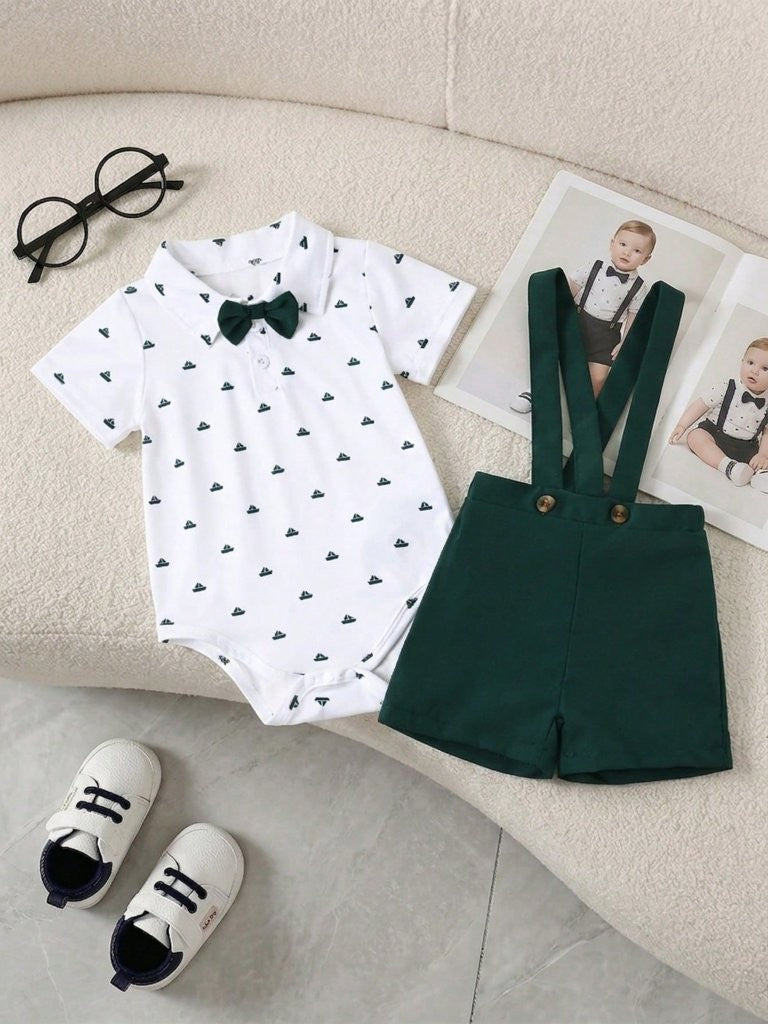 Baby Emerald Green Pattern Bow Tie Bodysuit And Shorts Set