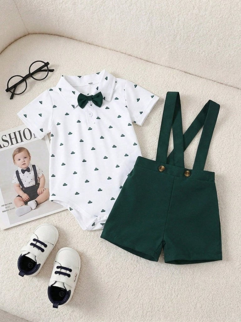 Baby Emerald Green Pattern Bow Tie Bodysuit And Shorts Set