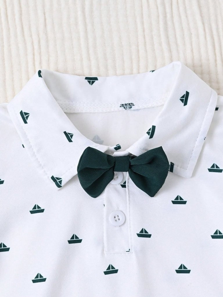 Baby Emerald Green Pattern Bow Tie Bodysuit And Shorts Set