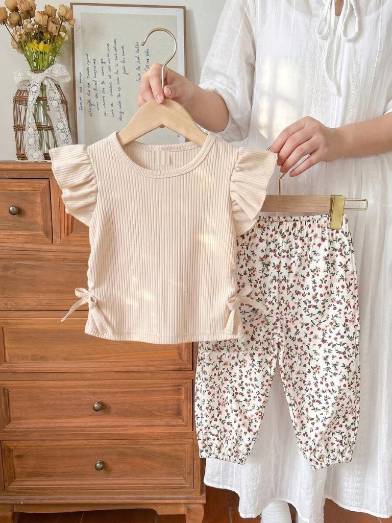 Baby 2 Piece Side Bow Tee With Pants Set Khaki