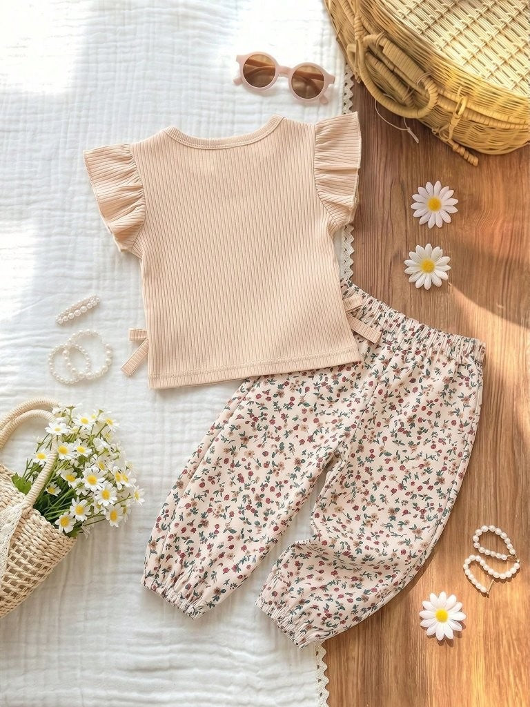 Baby 2 Piece Side Bow Tee With Pants Set Khaki