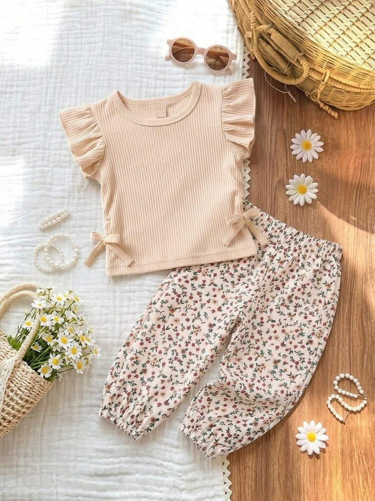 Baby 2 Piece Side Bow Tee With Pants Set Khaki