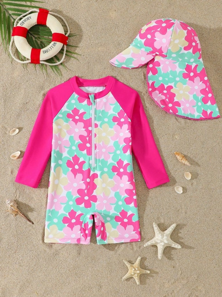 Baby Hot Pink Flower Print Swimming Costume With Hat