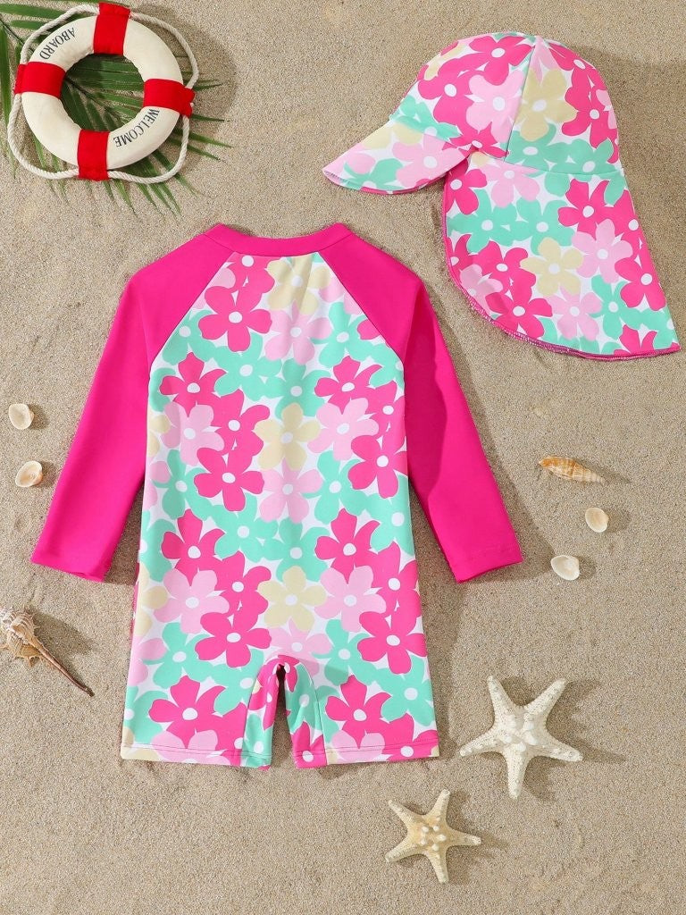 Baby Hot Pink Flower Print Swimming Costume With Hat