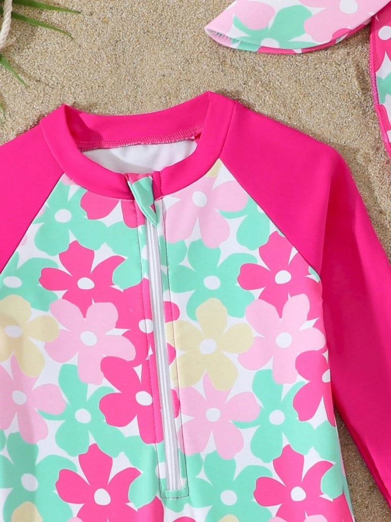 Baby Hot Pink Flower Print Swimming Costume With Hat