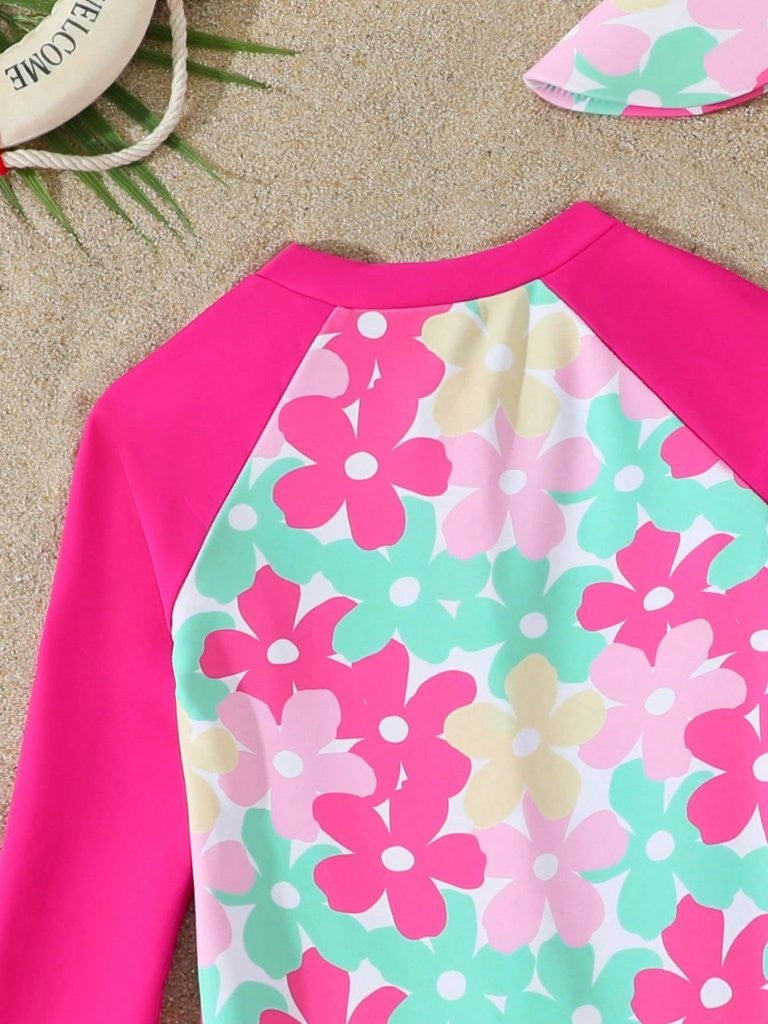 Baby Hot Pink Flower Print Swimming Costume With Hat