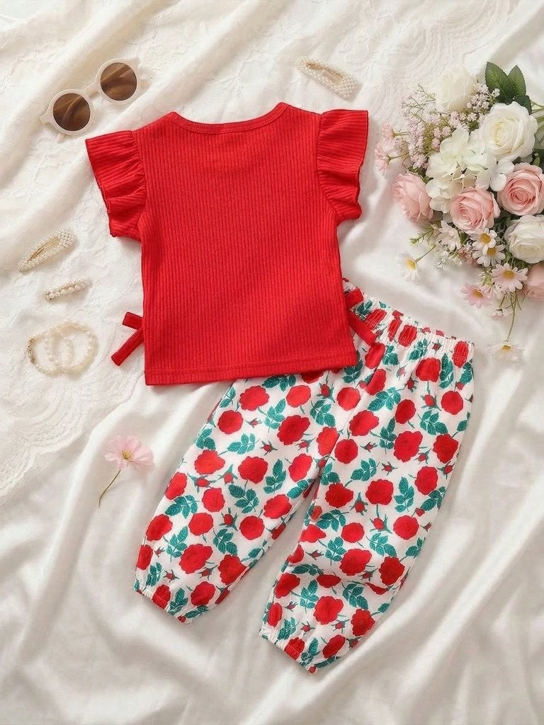 Baby 2 Piece Side Bow Tee With Pants Set Red