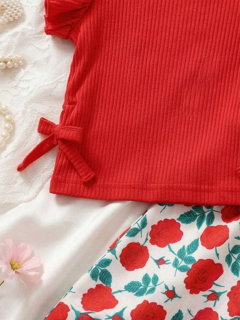 Baby 2 Piece Side Bow Tee With Pants Set Red