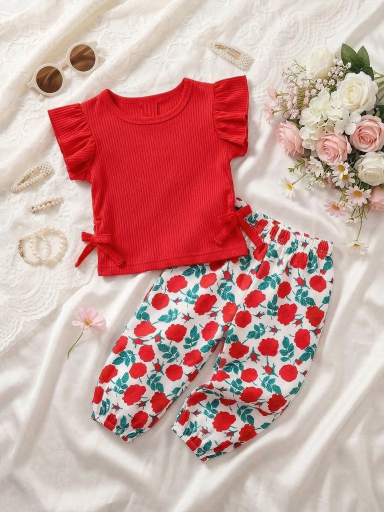 Baby 2 Piece Side Bow Tee With Pants Set Red