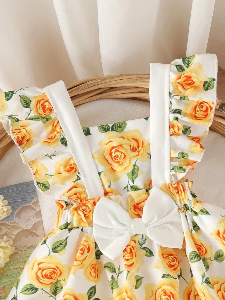Baby Cute Yellow Floral Print Bodysuit Dress