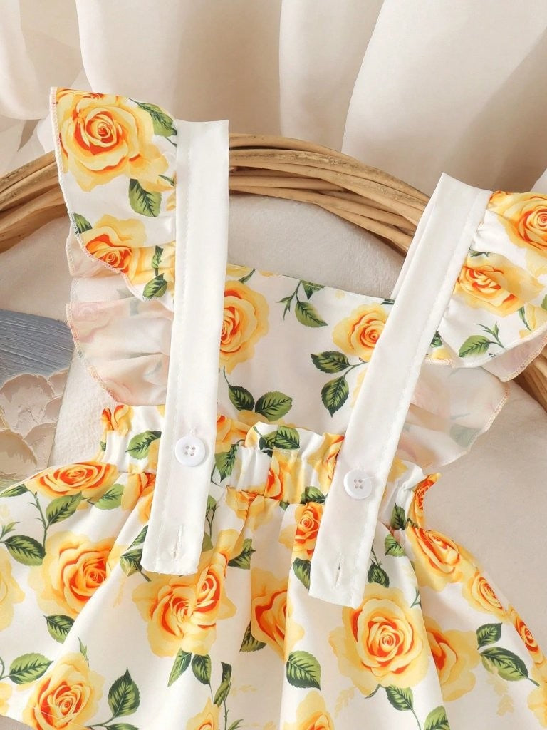 Baby Cute Yellow Floral Print Bodysuit Dress