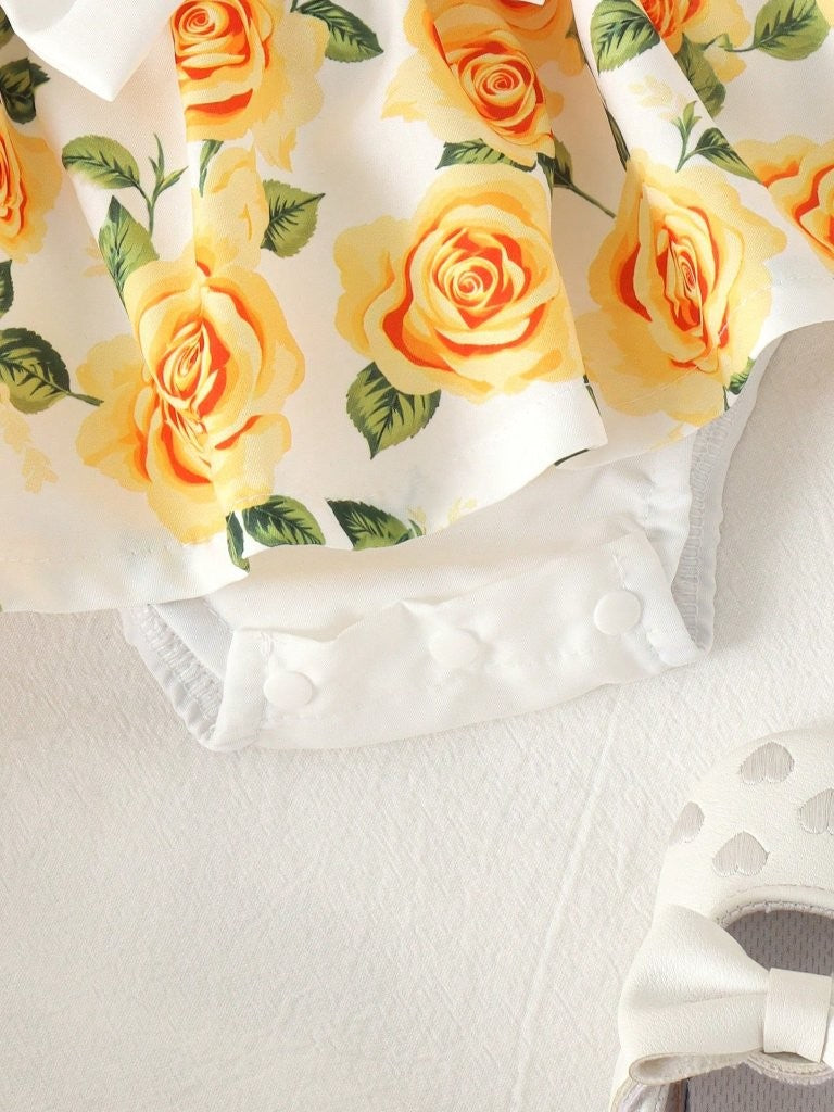 Baby Cute Yellow Floral Print Bodysuit Dress