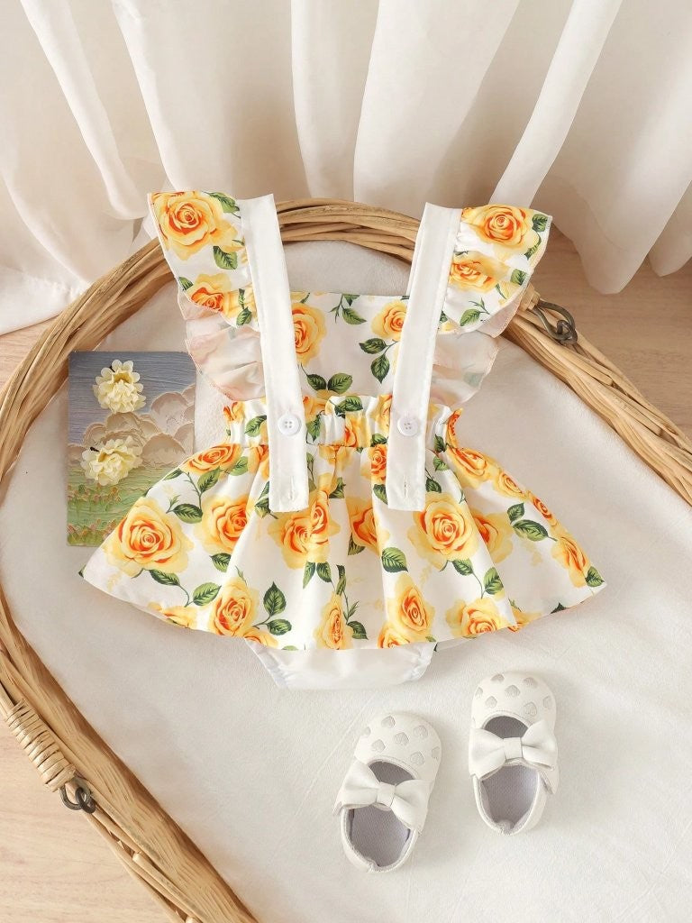 Baby Cute Yellow Floral Print Bodysuit Dress