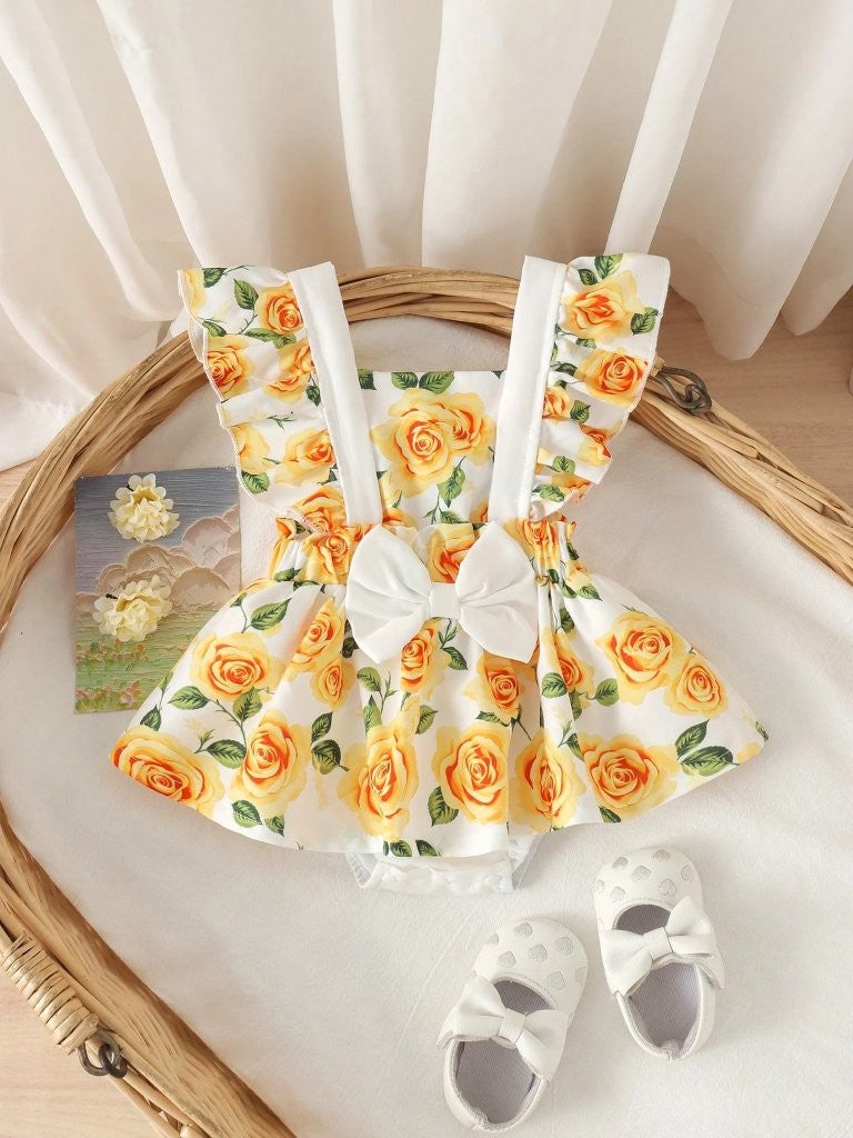 Baby Cute Yellow Floral Print Bodysuit Dress