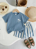 Baby Blue Palm Tree Logo Tee And Stripe Shorts Set