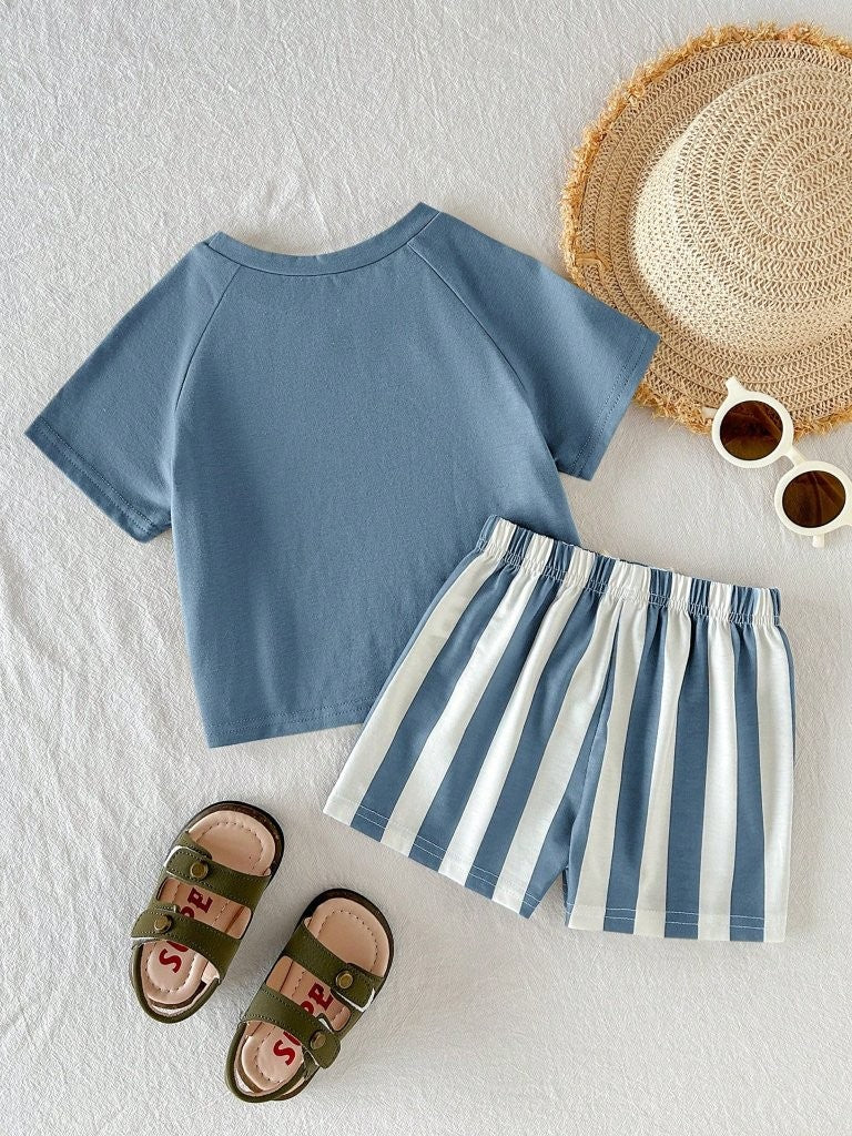 Baby Blue Palm Tree Logo Tee And Stripe Shorts Set