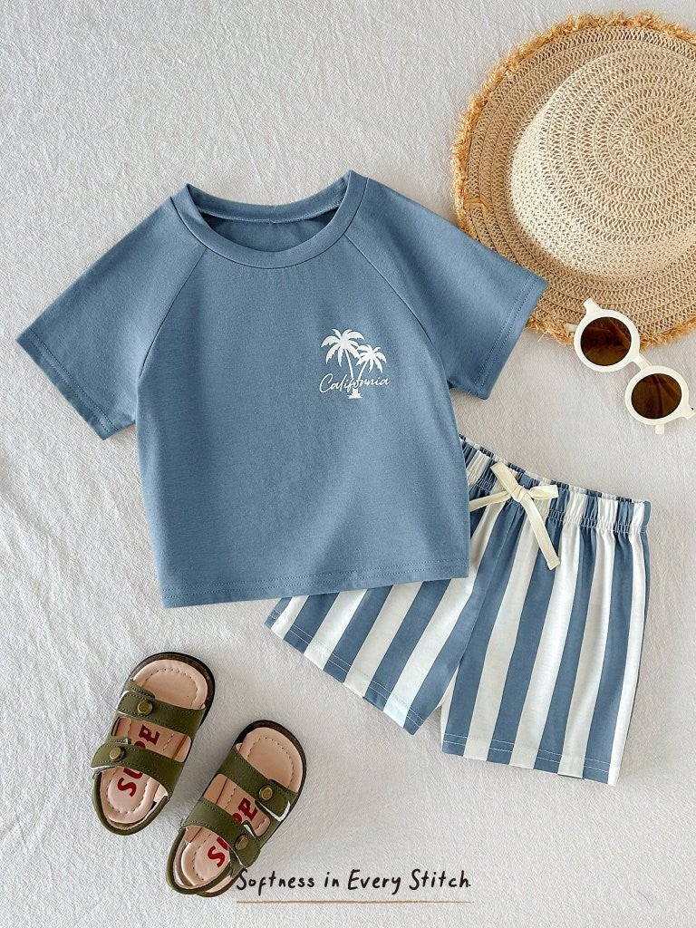 Baby Blue Palm Tree Logo Tee And Stripe Shorts Set