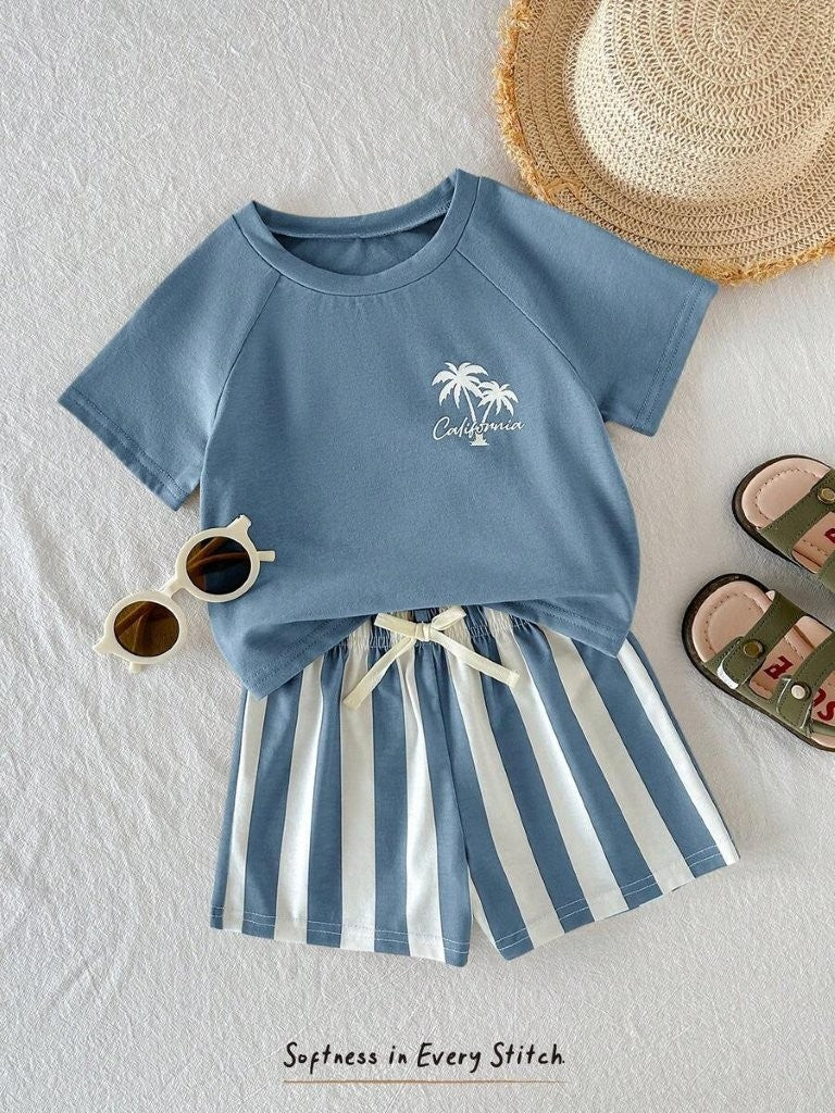 Baby Blue Palm Tree Logo Tee And Stripe Shorts Set