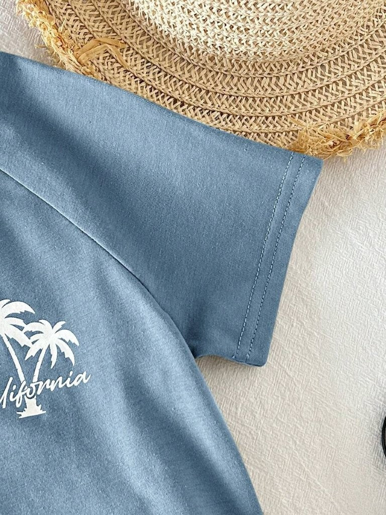 Baby Blue Palm Tree Logo Tee And Stripe Shorts Set