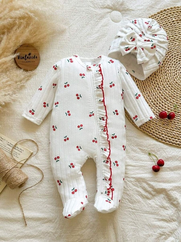 Baby Frilled Cherry Jumpsuit With Bow Turban Hat