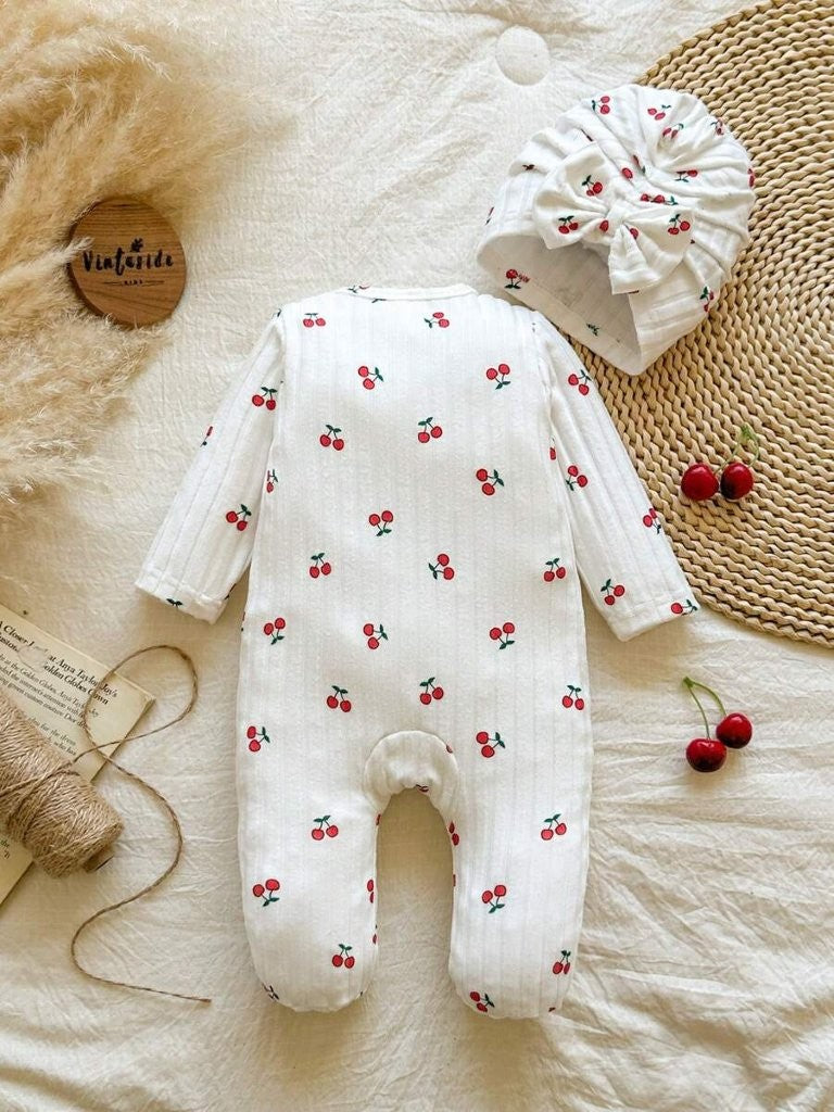 Baby Frilled Cherry Jumpsuit With Bow Turban Hat